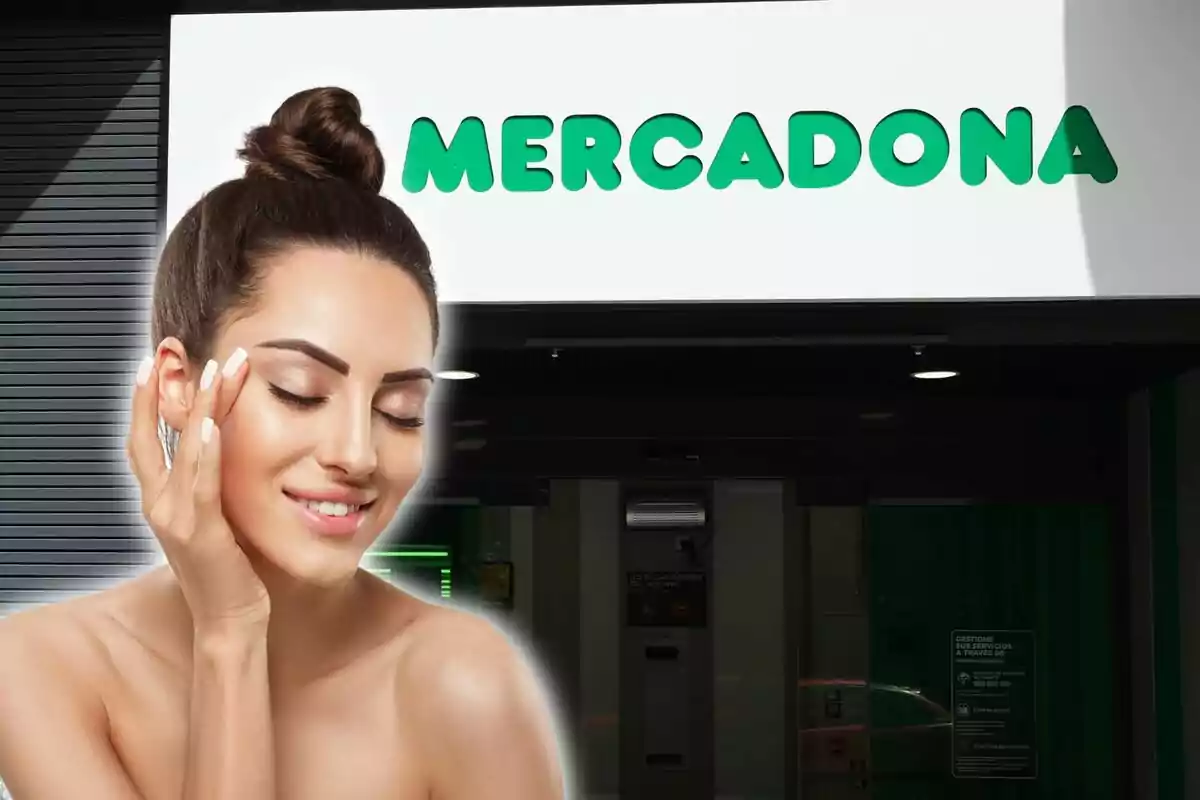 Una mujer con el cabello recogido y los ojos cerrados aparece en primer plano, mientras que en el fondo se ve la entrada de un supermercado Mercadona.