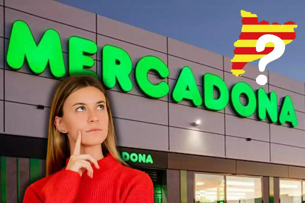 Una mujer pensativa frente a un supermercado Mercadona con un mapa de Cataluña y un signo de interrogación.