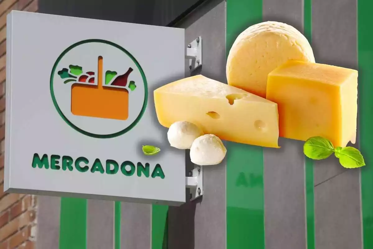 Montaje de una imagen de varios quesos superpuesta a otra del logo de una tienda Mercadona