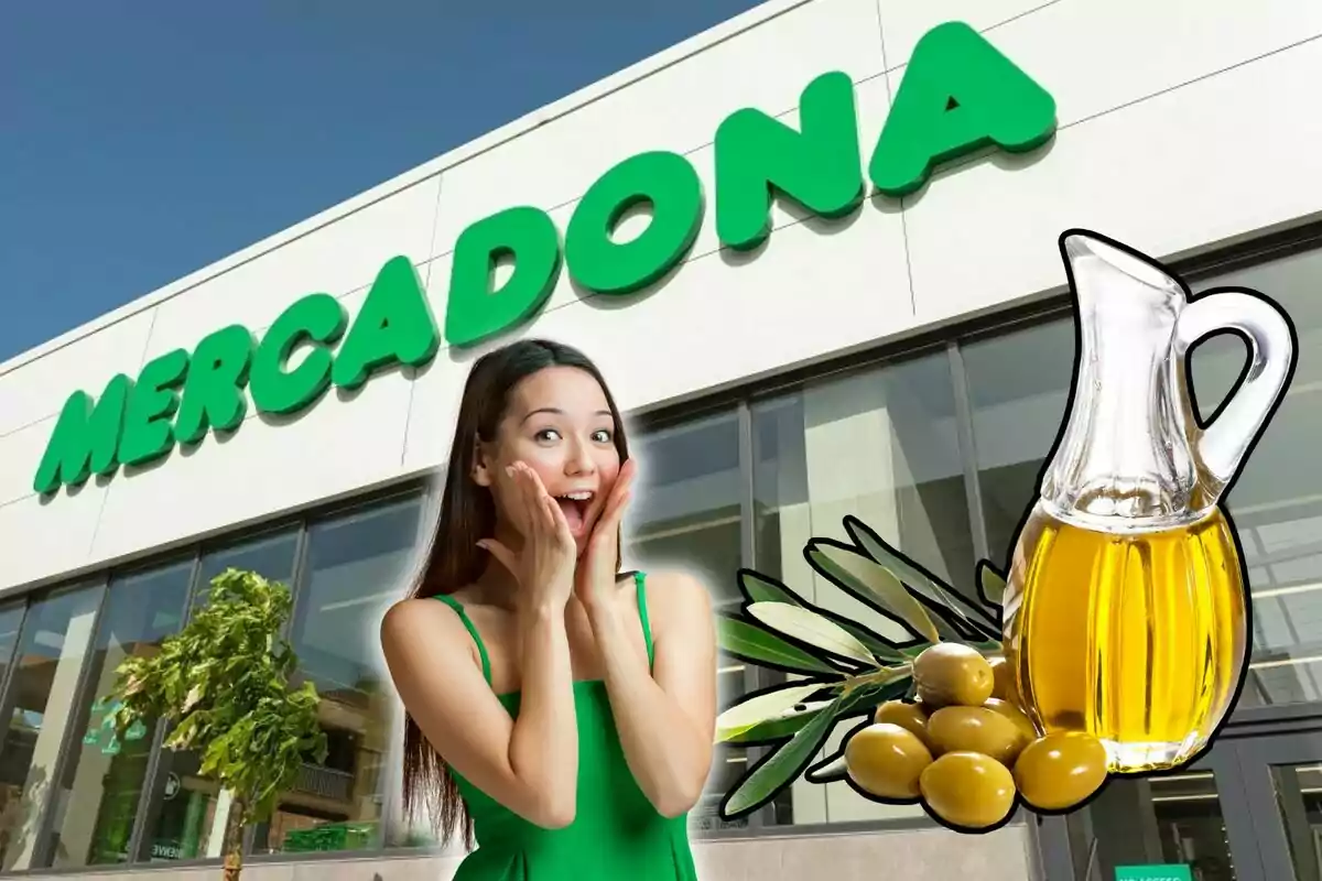 Una mujer sorprendida frente a una tienda Mercadona con una imagen de aceitunas y una botella de aceite de oliva.