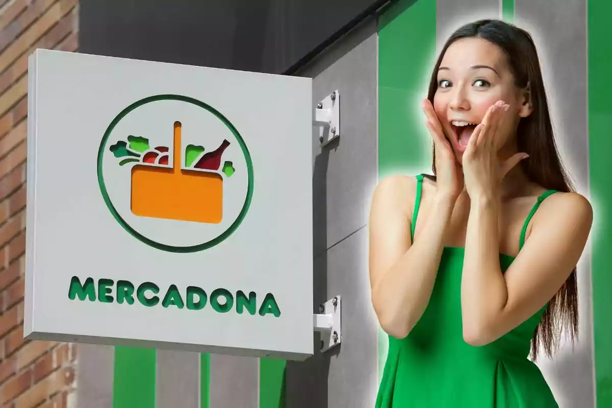 Una mujer con vestido verde se muestra sorprendida junto a un cartel de Mercadona.