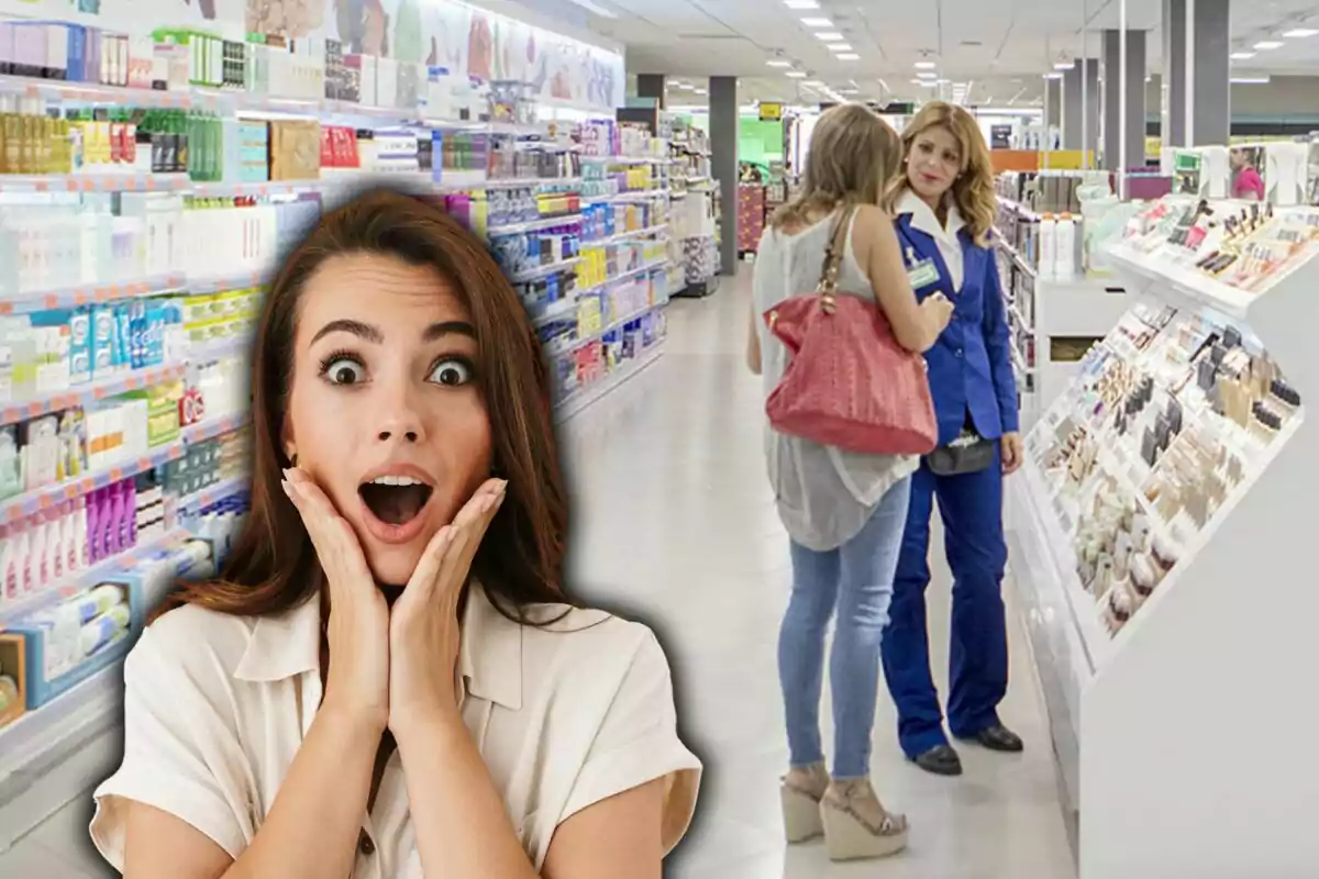 Una mujer con expresión de sorpresa en primer plano y dos personas conversando en una tienda de productos de belleza en el fondo.