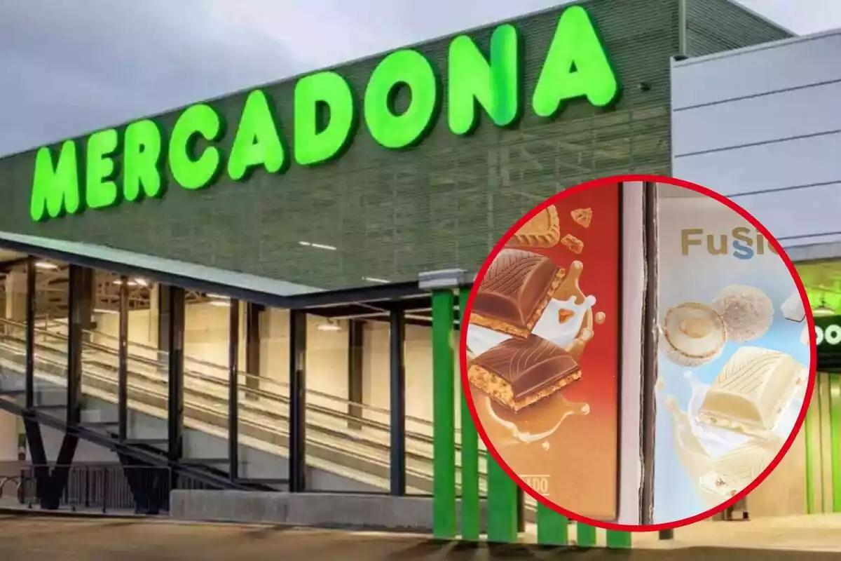 Montaje con el exterior de una tienda de Mercadona y las tabletas de chocolate Fussion de la marca Hacendado