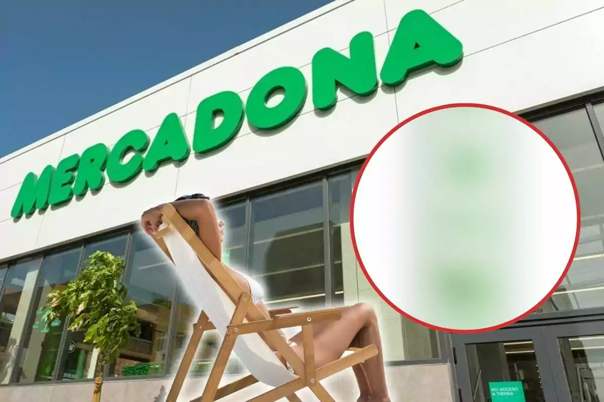 Persona relajándose en una silla frente a una tienda de Mercadona con un círculo borroso en la imagen.