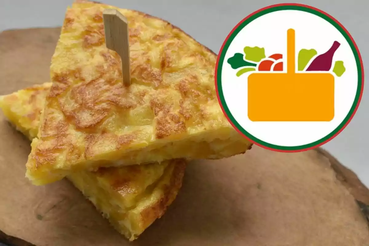 Tortilla de patatas con un icono de una cesta de alimentos.