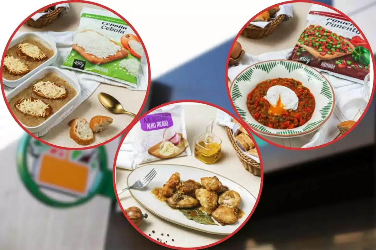 Tres platos preparados con ingredientes congelados: cebolla, pimiento y ajo picado, acompañados de pan y aceite. Tres platos preparados con ingredientes congelados: cebolla, pimiento y ajo picado, acompañados de pan y aceite.