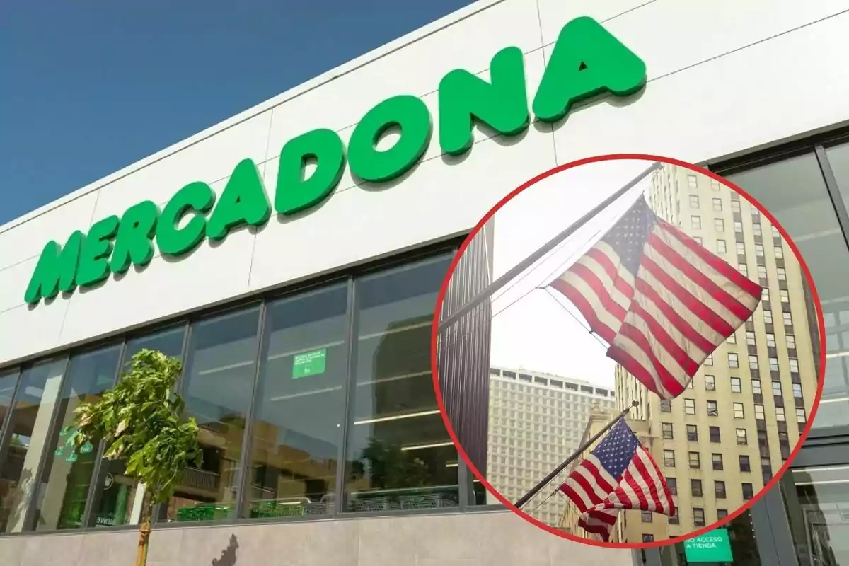 Fachada de una tienda Mercadona con un recuadro que muestra banderas de Estados Unidos ondeando en una ciudad.