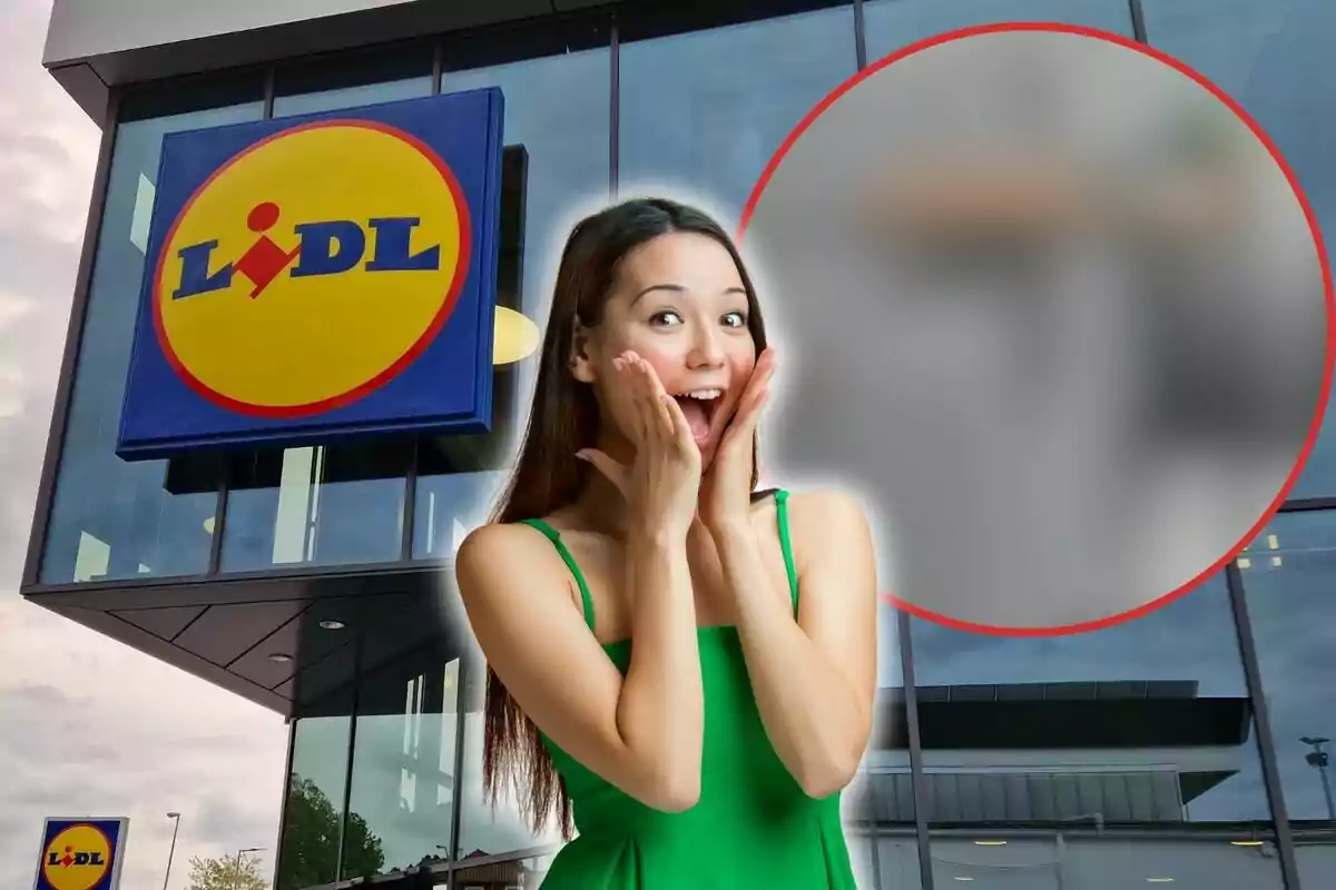 Una mujer con un vestido verde muestra una expresión de sorpresa frente a una tienda Lidl.