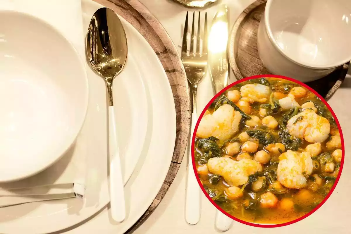 Montaje con una mesa con plato, cubiertos y vaso y un círculo con un plato de garbanzos con bacalao