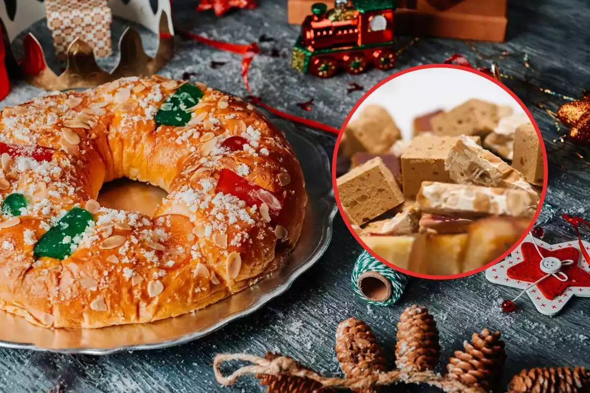 Montaje con un roscón de Reyes en una mesa de Navidad y unos turrones