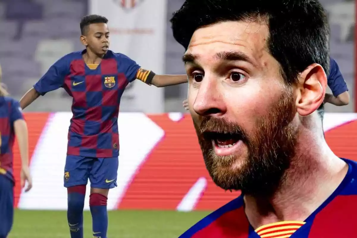 Leo Messi en primer plano junto a una foto de la perla del Barça Lamine Yamal.