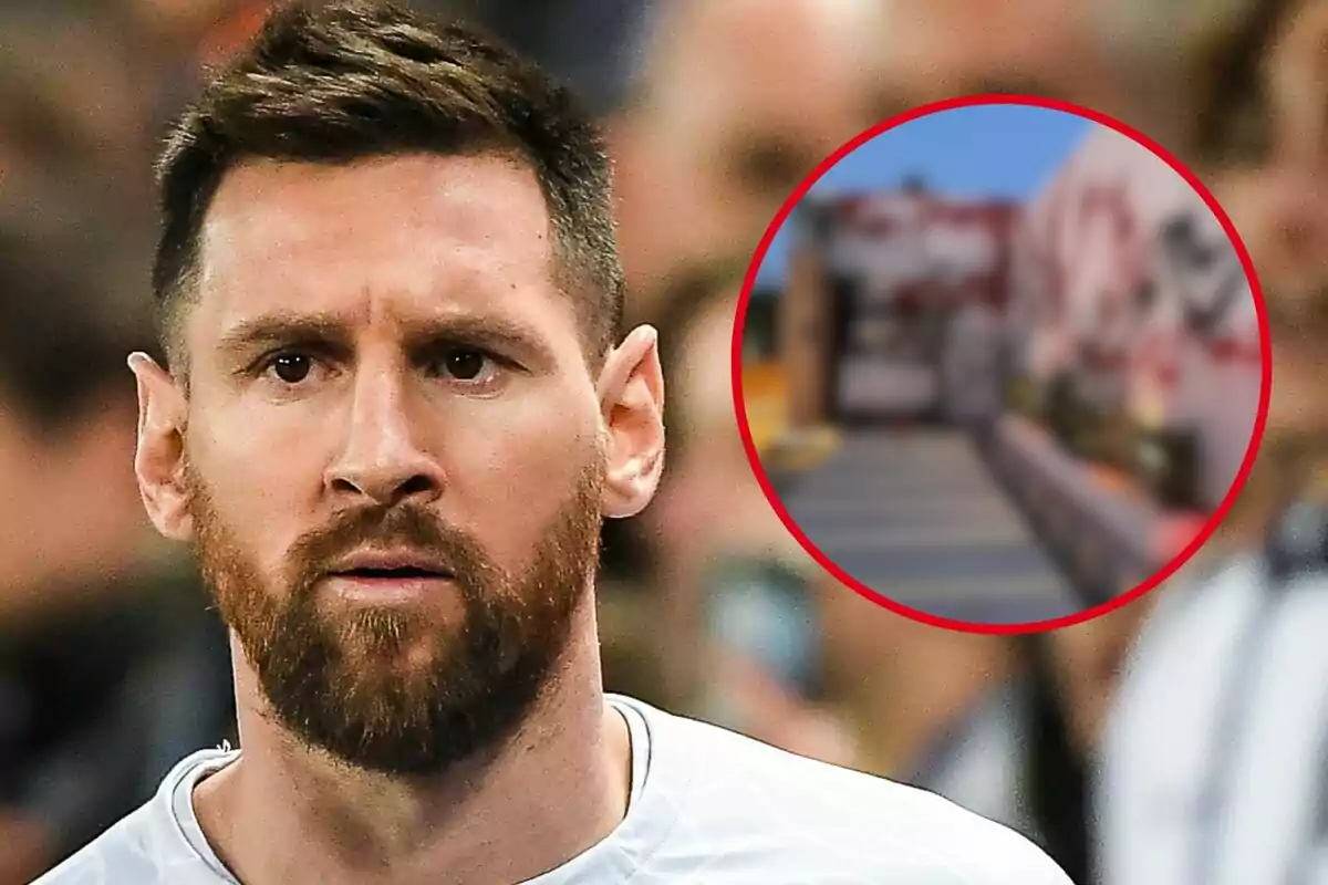 Leo Messi, con una expresión seria, y un círculo rojo con una imagen borrosa en el fondo.