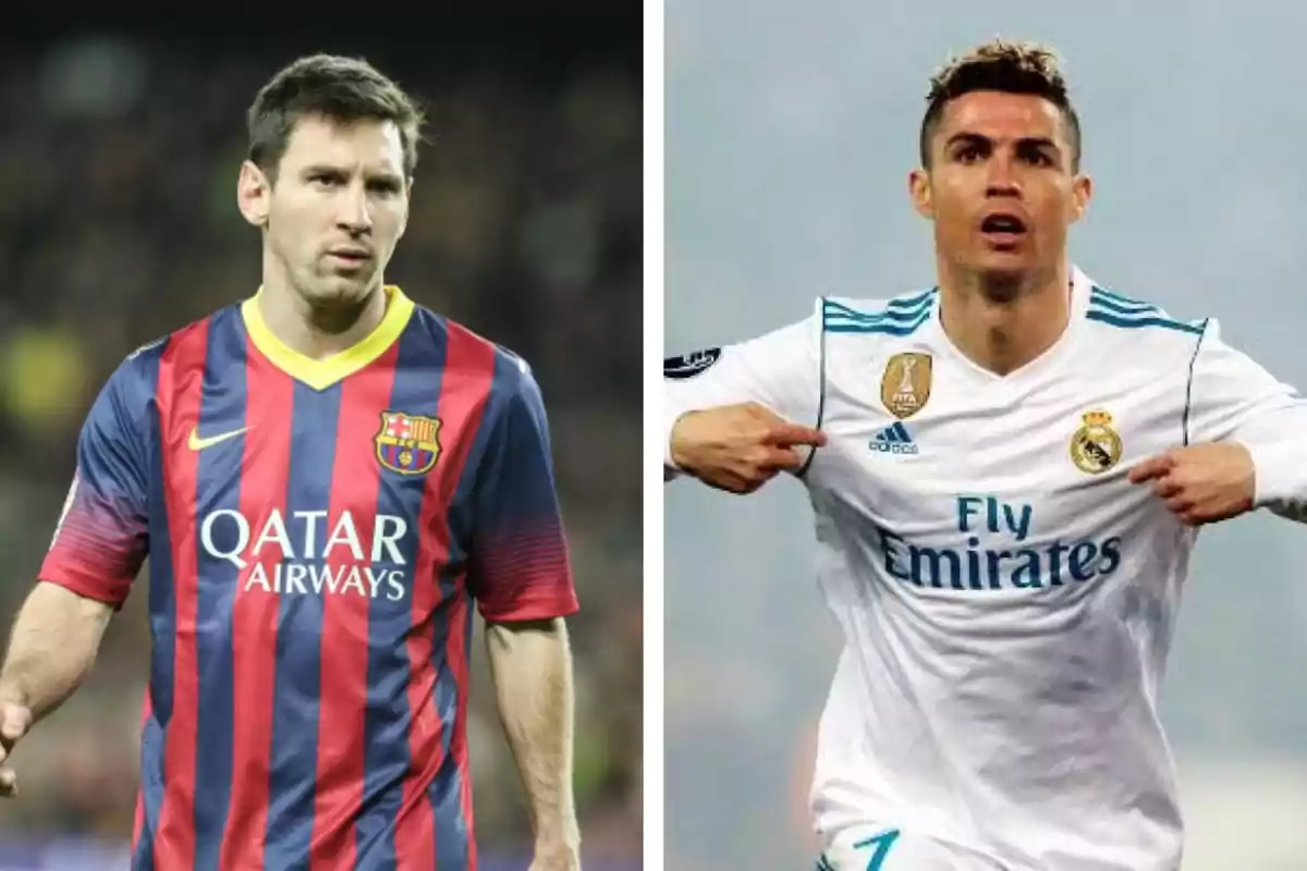 Dos futbolistas famosos con los uniformes de Barcelona y Real Madrid Dos futbolistas famosos con los uniformes de Barcelona y Real Madrid