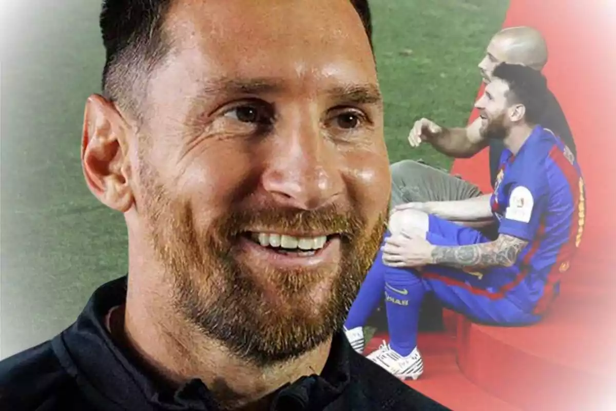 Lionel Messi en primer plano con una gran sonrisa junto a una imagen suya sentado al lado de Javier Mascherano