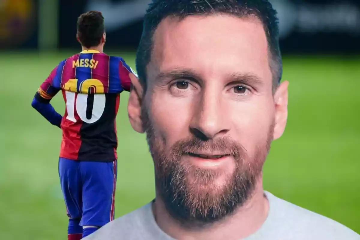 Un futbolista con la camiseta número 10 del Barcelona de espaldas y un retrato de su rostro en primer plano sobre un campo de fútbol desenfocado.