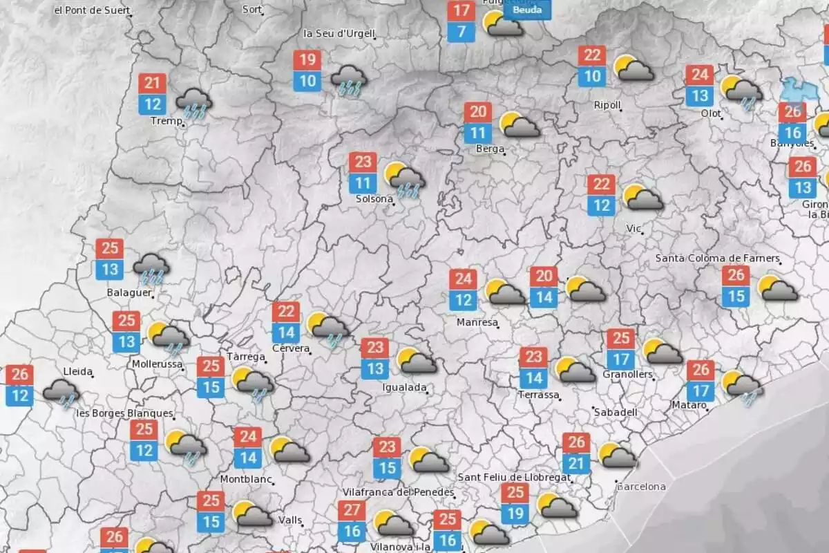 Mapa con la predicción meteorológica para el 19 de octubre en Cataluña Mapa con la predicción meteorológica para el 19 de octubre en Cataluña