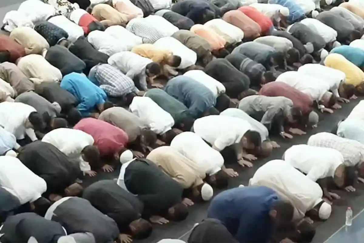 Un grupo de personas realizando una oración en una mezquita, inclinadas hacia adelante en filas organizadas.