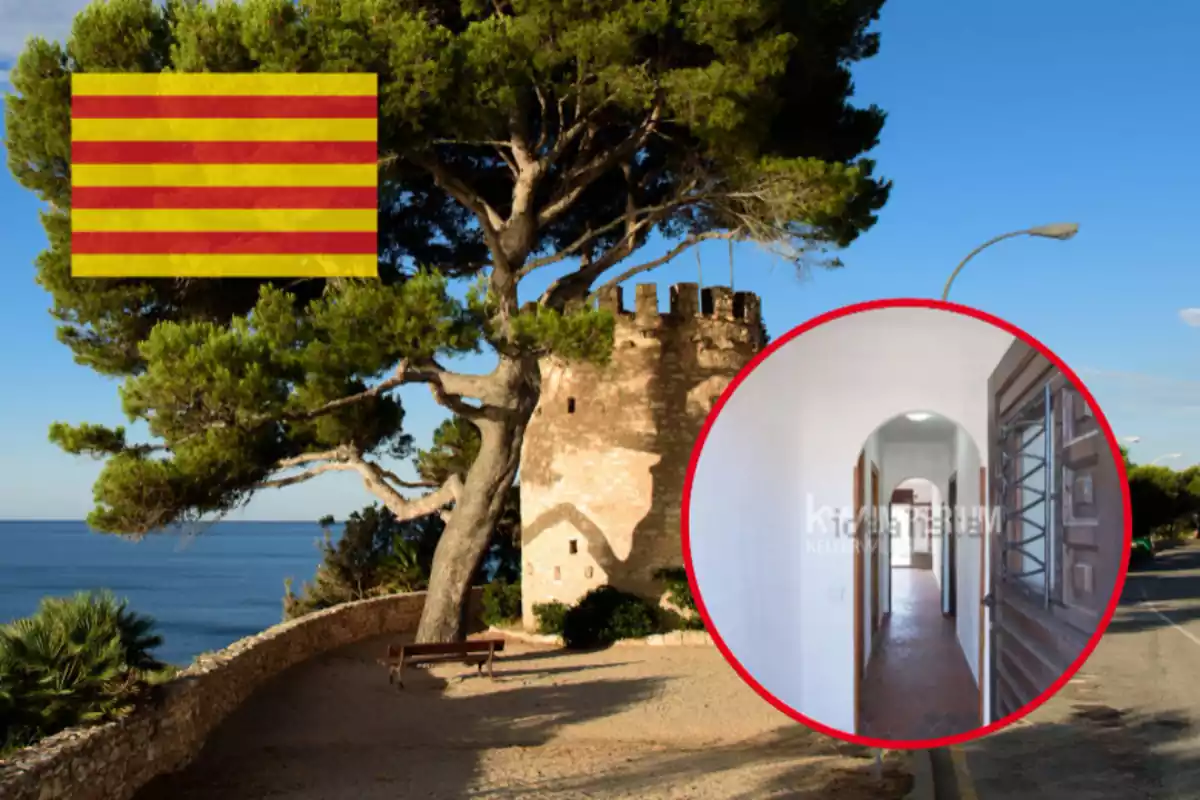 Fotomontaje con un fondo de Miami Platja, con una bandera de Cataluña y una foto enmarcada de un piso