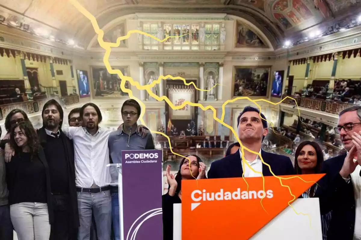 Montaje de los miembros de Ciudadanos y Podemos con un rayo en el medio y el Congreso detrás