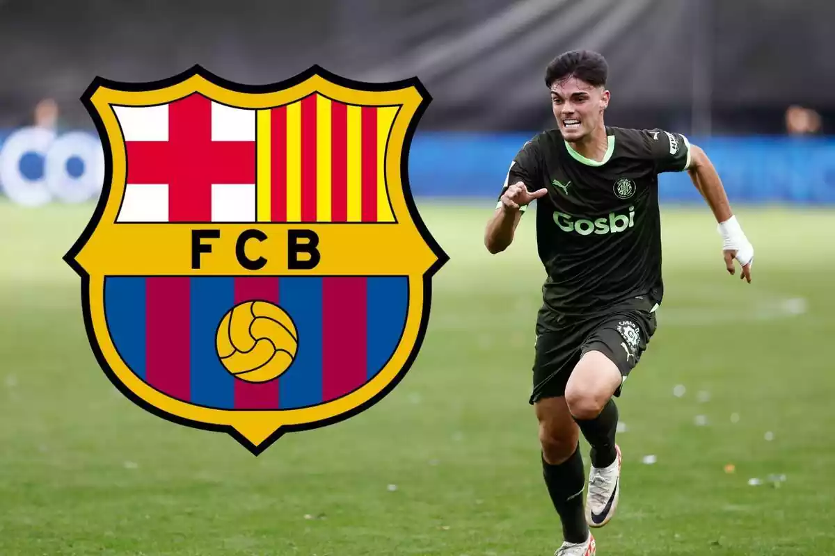 Miguel Gutiérrez con la camiseta del Girona FC corriendo al lado del escudo del FC Barcelona Miguel Gutiérrez con la camiseta del Girona FC corriendo al lado del escudo del FC Barcelona