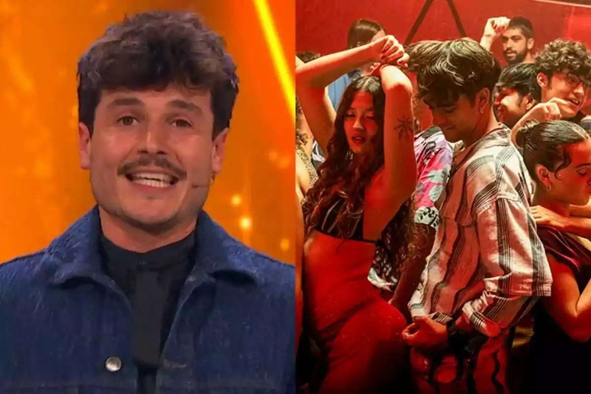 Miki Núñez sonriente con micrófono en un escenario iluminado de color naranja de Zenit a la izquierda y un grupo de personas bailando en una fiesta con luces rojas en Jo mai mai a la derecha.