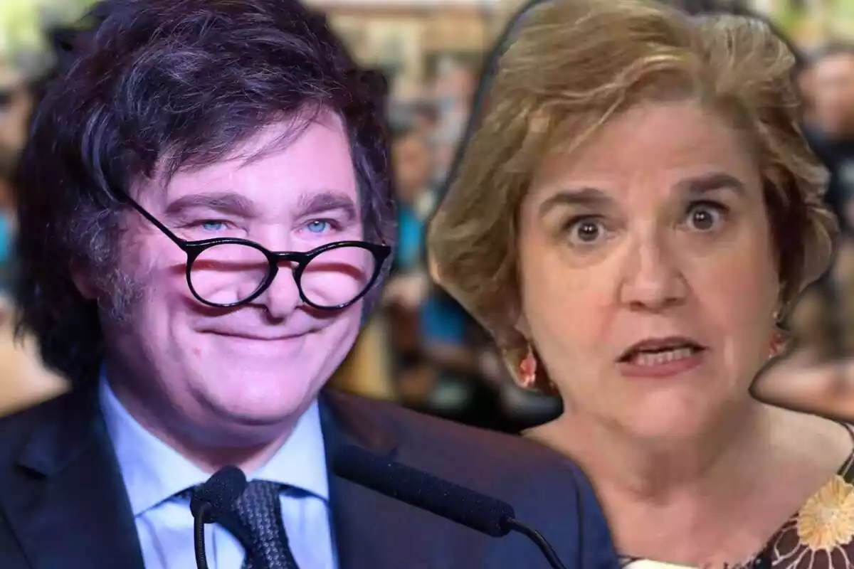 Montaje con un primer plano de Javier Milei con gafas y riendo y otro de Pilar Rahola con cara de enfadada