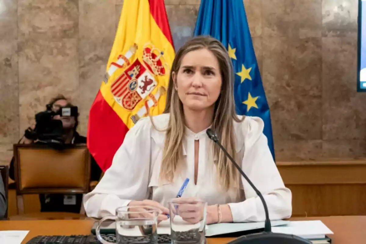 La ministra Sara Aagesen sentada en una mesa con banderas de España y la Unión Europea detrás. La ministra Sara Aagesen sentada en una mesa con banderas de España y la Unión Europea detrás.