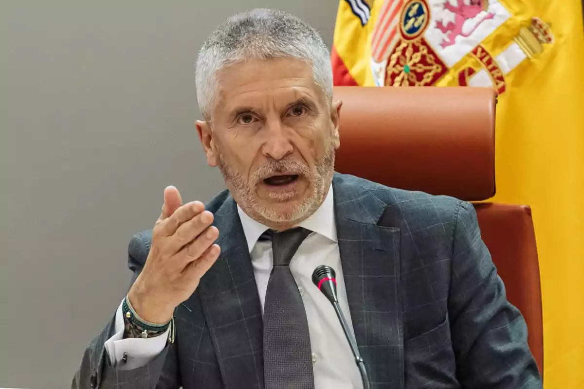 Ministro Marlaska de cabello canoso y barba hablando en una conferencia con una bandera de España en el fondo. Ministro Marlaska de cabello canoso y barba hablando en una conferencia con una bandera de España en el fondo.