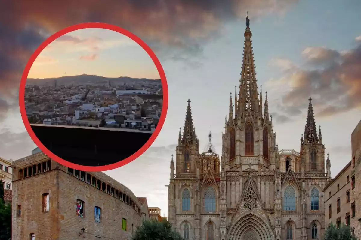 Catedral de Barcelona y a su derecha un círculo con unas vistas de Barcelona