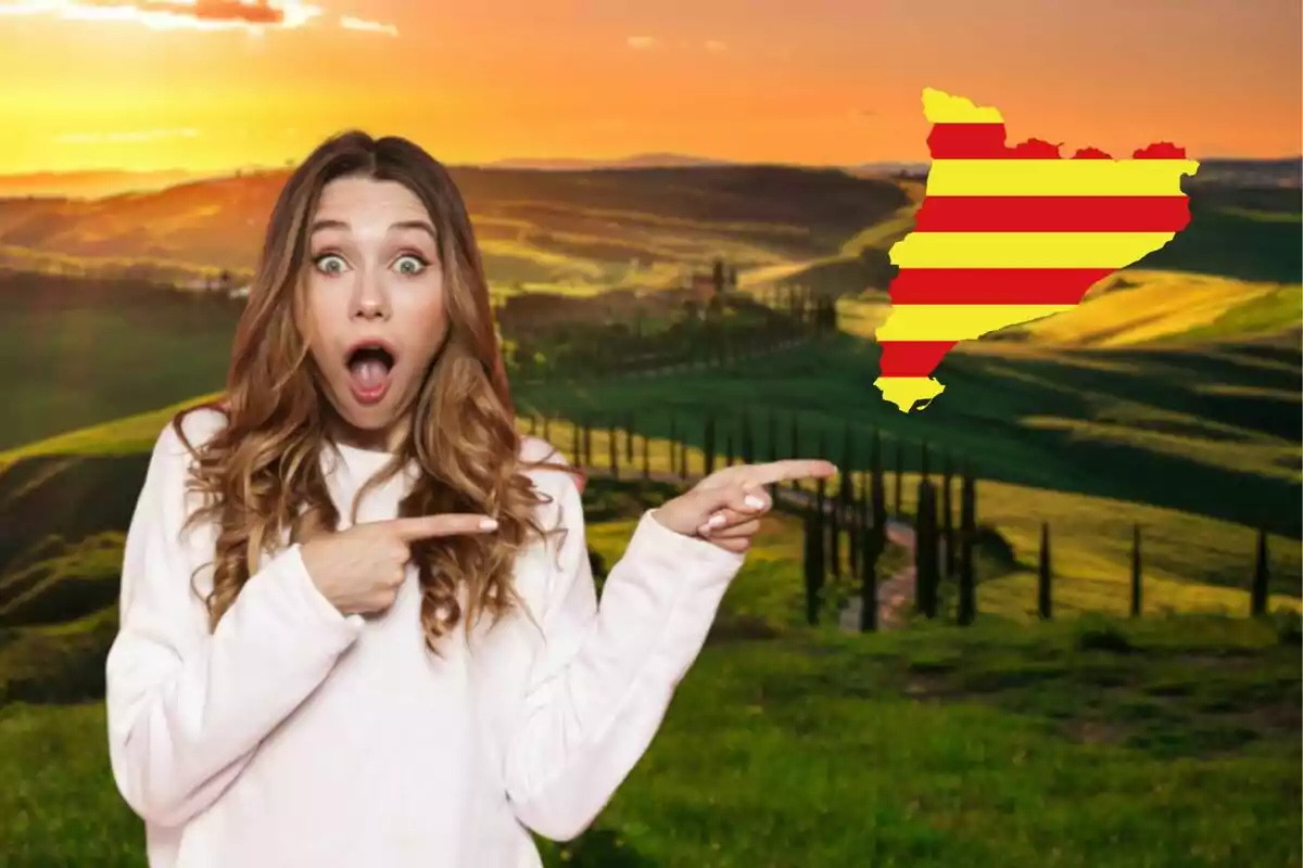 Una mujer con expresión de sorpresa señala con ambas manos un mapa de Cataluña con la bandera catalana sobre un paisaje al atardecer.