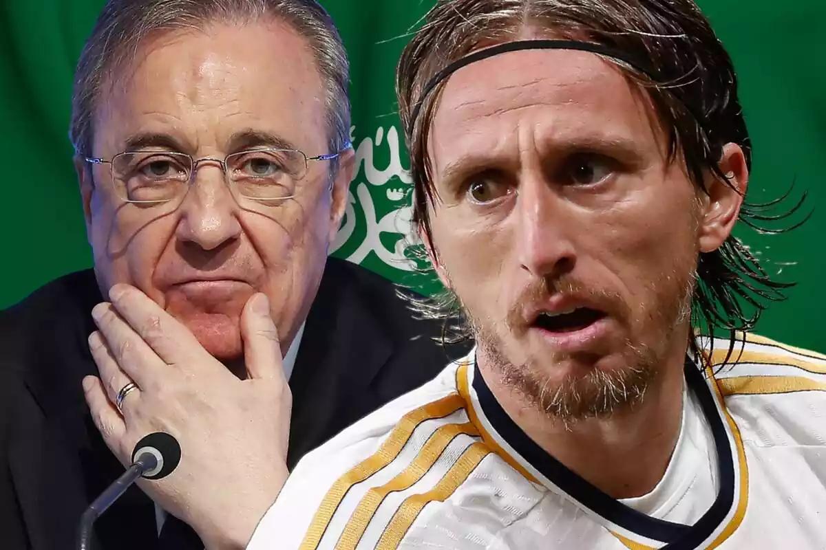 Luka Modric en primer plano con cara de susto al lado de Florentino Pérez tocándose la boca