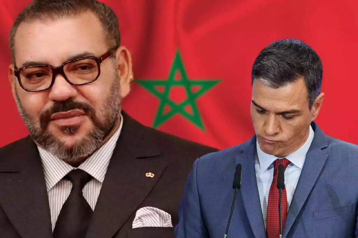 Montaje con un plano medio corto de Mohamed VI y un plano medio de Pedro Sánchez con una bandera de Marruecos de fondo