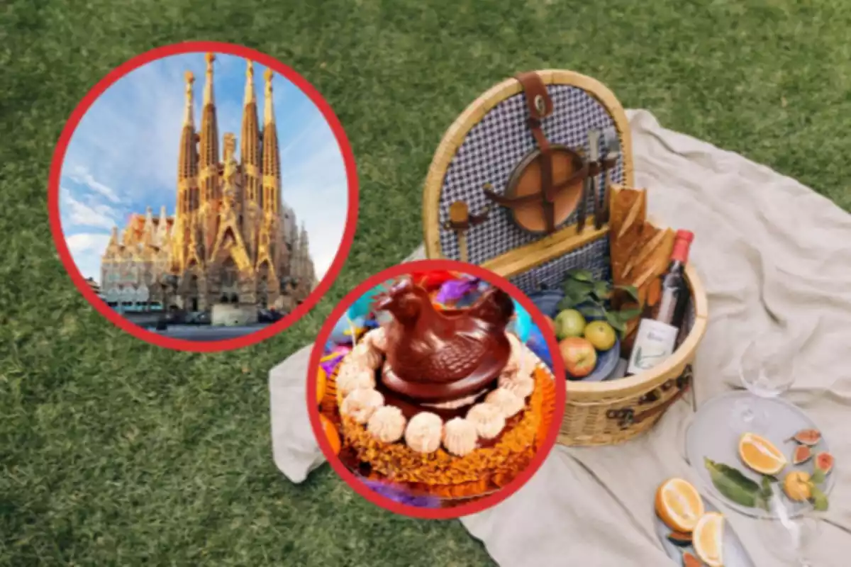 cesto de pícnic con una imagen de Barcelona y otra de una mona de pascua