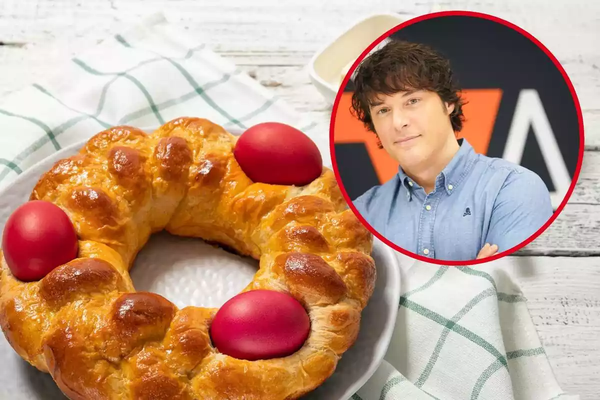 Jordi Cruz en círculo rojo sobre fondo de mona de pascua en forma de rosca con los huevos rojos