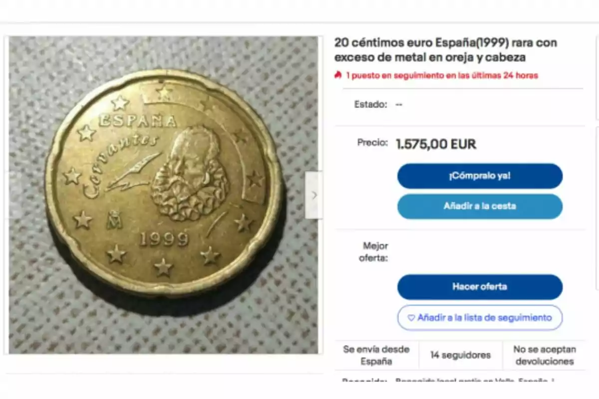 Captura de pantalla de la venta de una moneda de 1999 acuñada en España con la cara de Miguel de Cervantes Captura de pantalla de la venta de una moneda de 1999 acuñada en España con la cara de Miguel de Cervantes