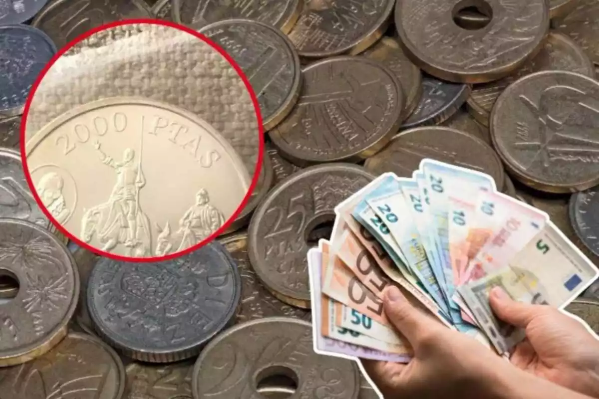 Imagen de fondo de varias monedas de pesetas y otra de una peseta de 2000 con un dibujo del Quijote y Cervantes junto a otra imagen de una mano con billetes de euros
