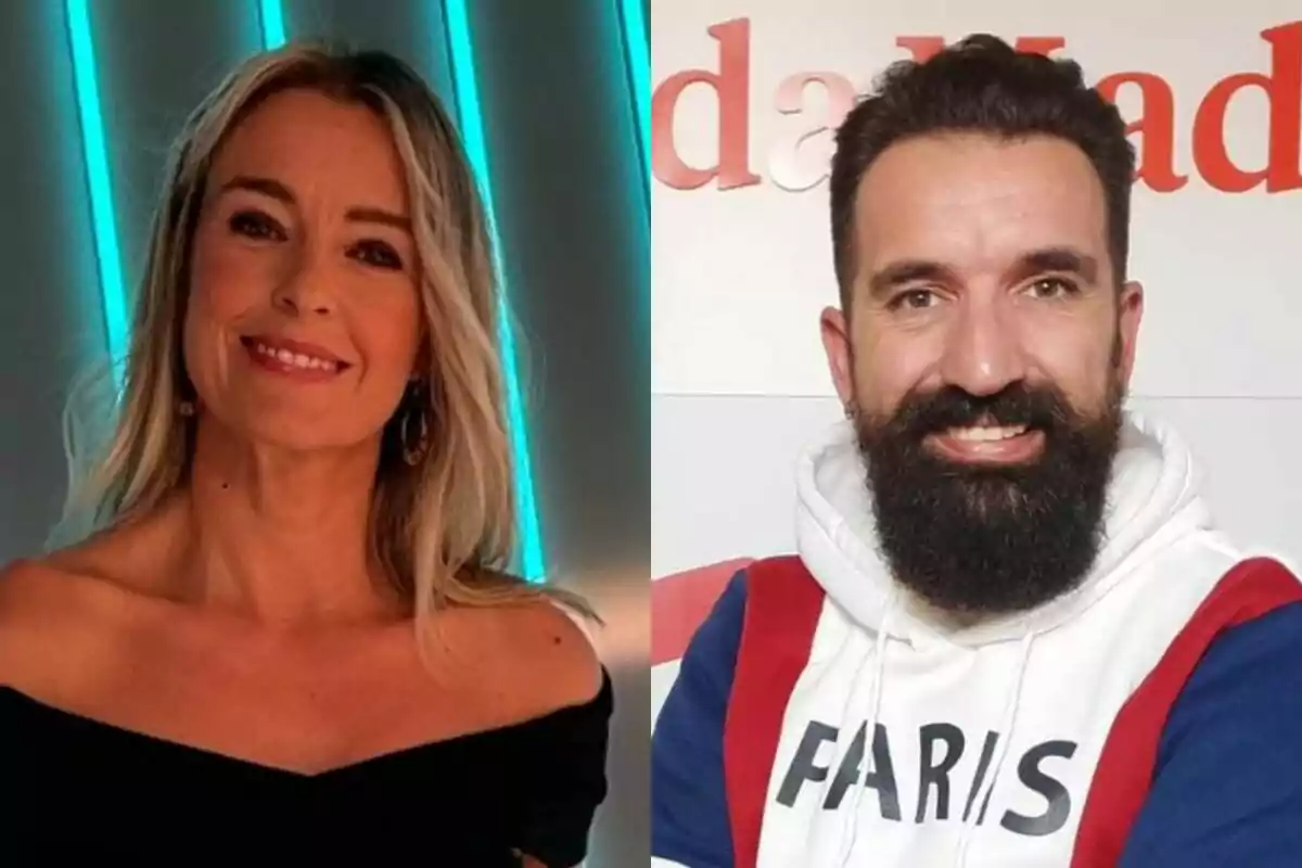 Dos personas sonrientes posando para la cámara, Mónica Martínez con cabello rubio y Miguel Lago con barba.