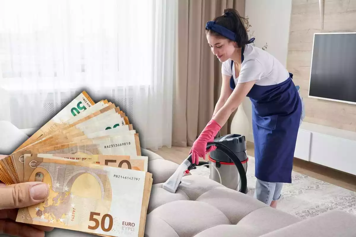 Una empleada del hogar pasa la aspiradora en un sofá, y en la parte izquierda, unos billetes de 50 euros