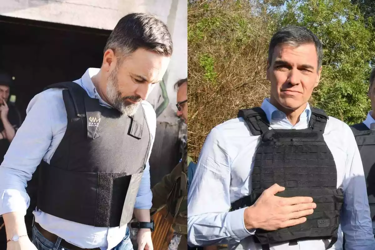 Montaje de Pedro Sánchez y Santiago Abascal en Israel, vestidos con un chaleco antibalas