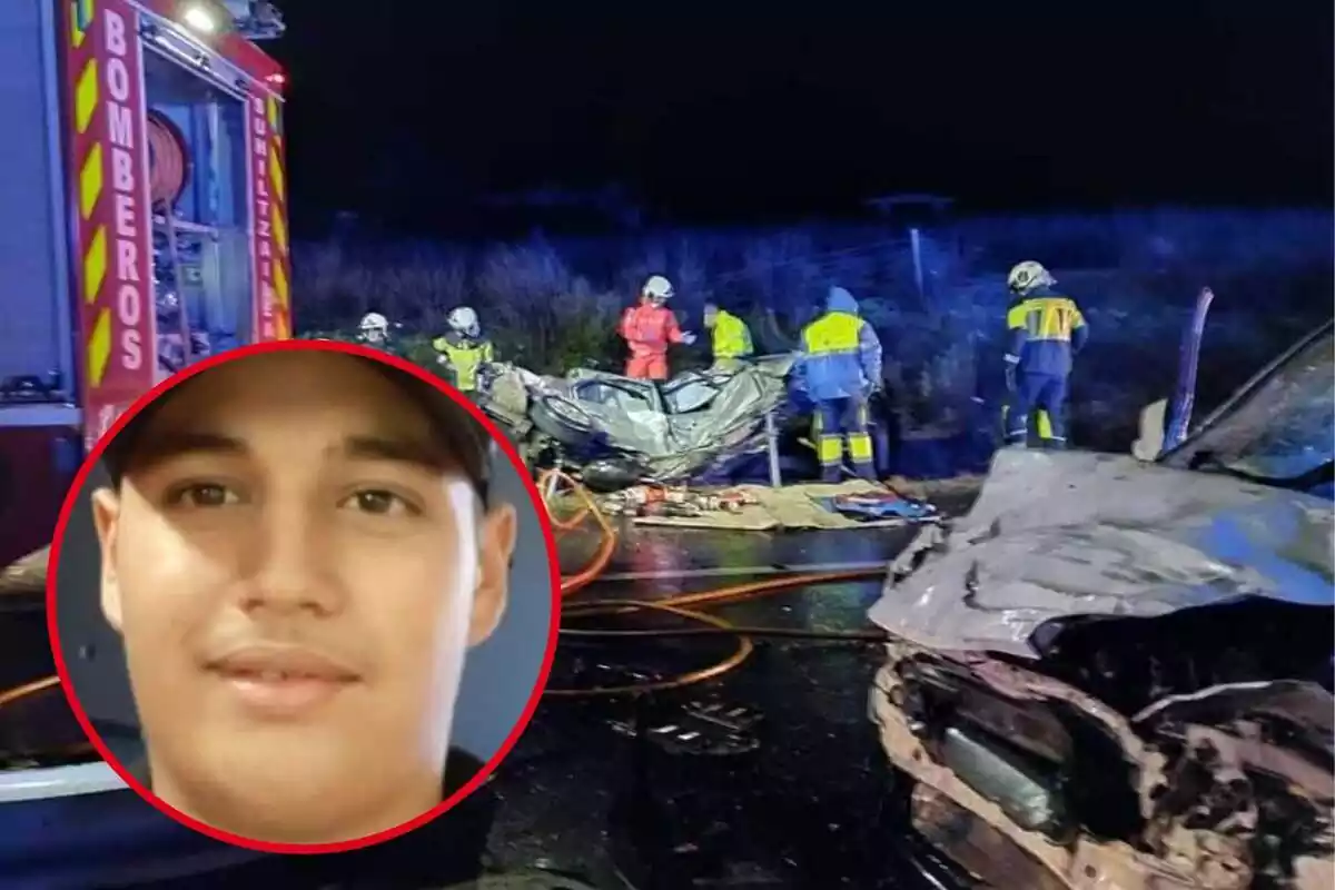 Montaje del accidente de Olite con los bomberos al lado del coche y Anas Radi, el fallecido