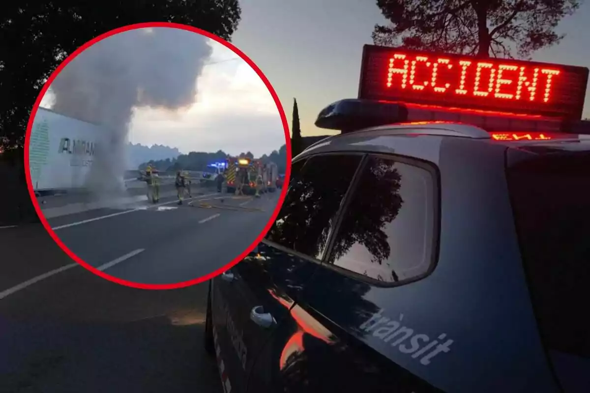 Un coche de policía con un letrero de "ACCIDENT" en la carretera mientras los bomberos atienden un incidente con un camión en llamas.