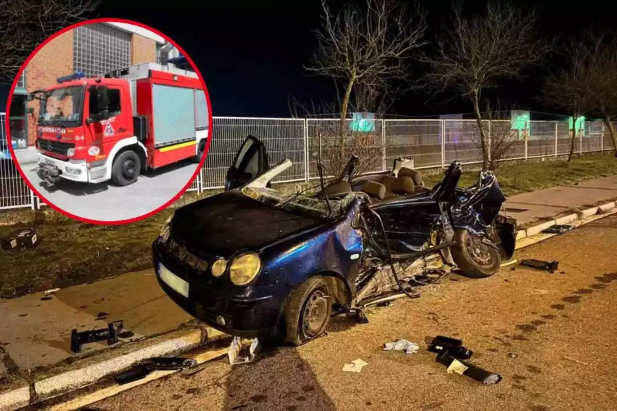 Montaje con un coche cortado por el techo y un camión de bomberos de Vitoria