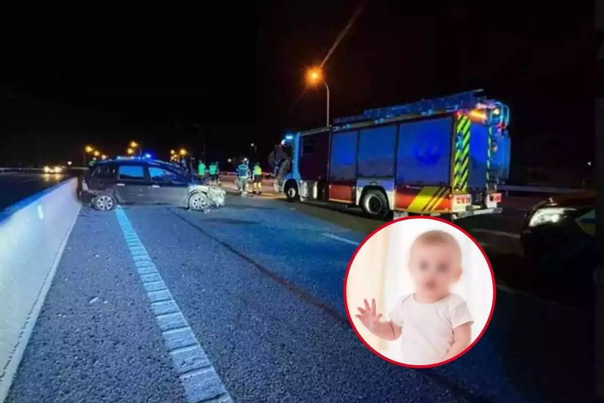 Montaje del accidente en Madrid con un bebé pixelado