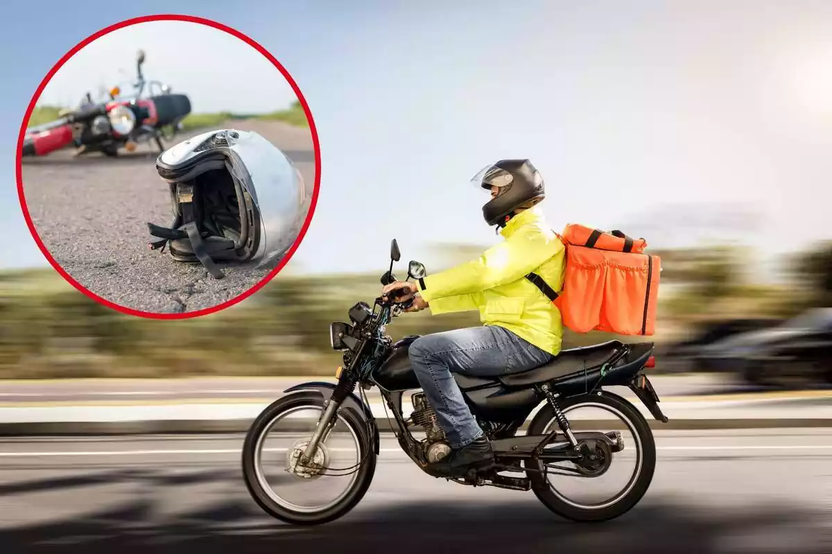 Montaje de motocicleta conduciendo por la carretera y círculo con casco tirado en el suelo