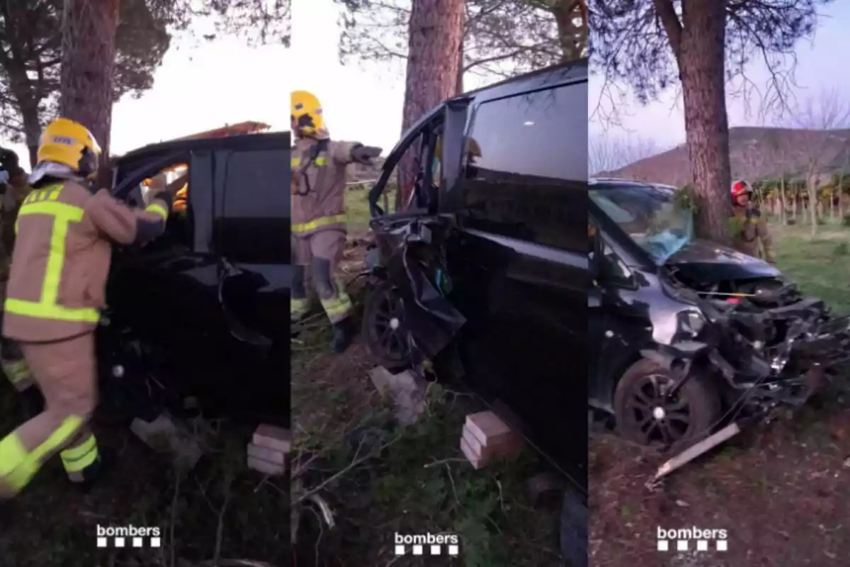 Bomberos trabajando en la escena de un accidente de tráfico donde un vehículo chocó contra un árbol.