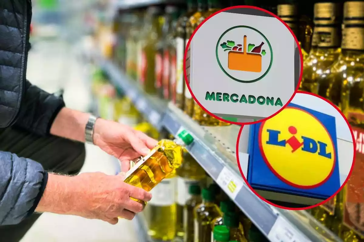 Montaje con una persona cogiendo aceite de oliva en un supermercado y dos círculos con los logos de Mercadona y Lidl