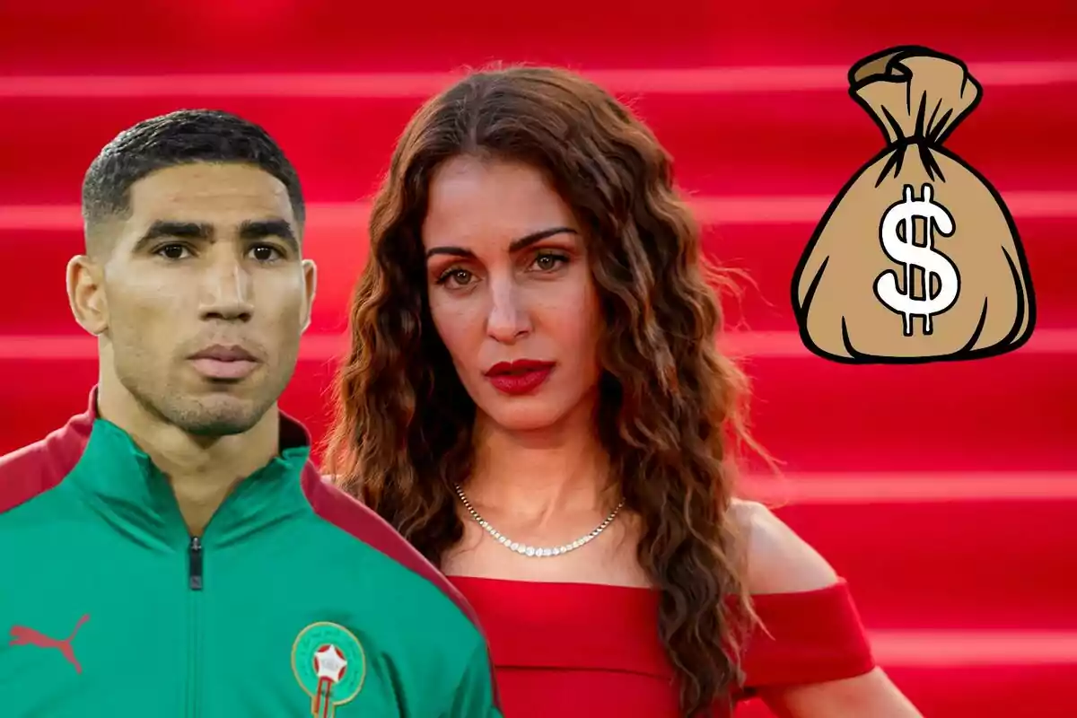 Achraf Hakimi con equipación de Marruecos y Hiba Abouk con vestido rojo posan frente a un fondo rojo, con un dibujo de una bolsa de dinero al lado.