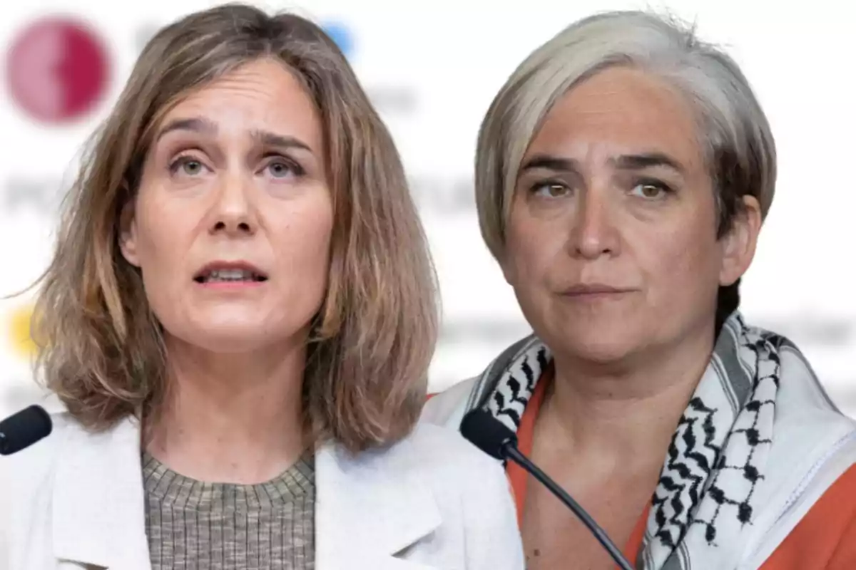 Ada Colau y Jessica Albiach con un tuit de Comuns de fondo