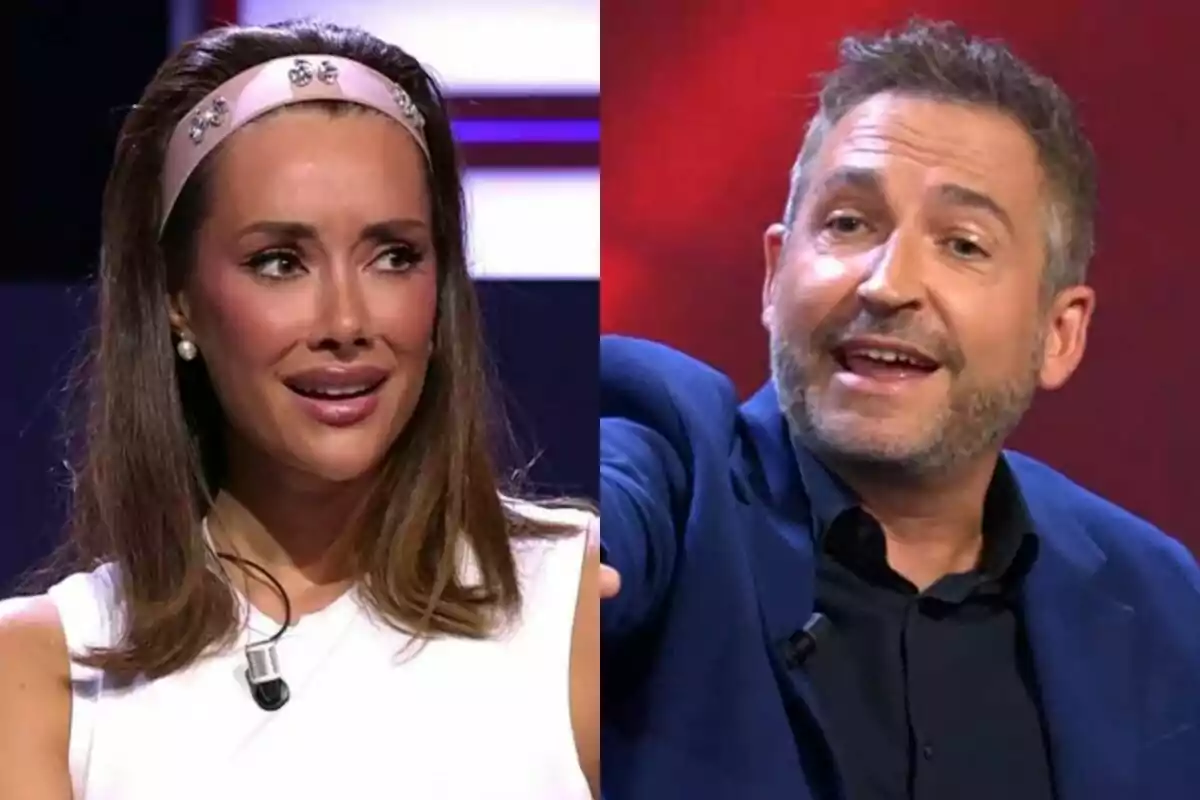 Montaje de Adara Molinero con una cinta en la cabeza a la izquierda con Frank Blanco señalando a la derecha, ambos en el debate de Gran Hermano