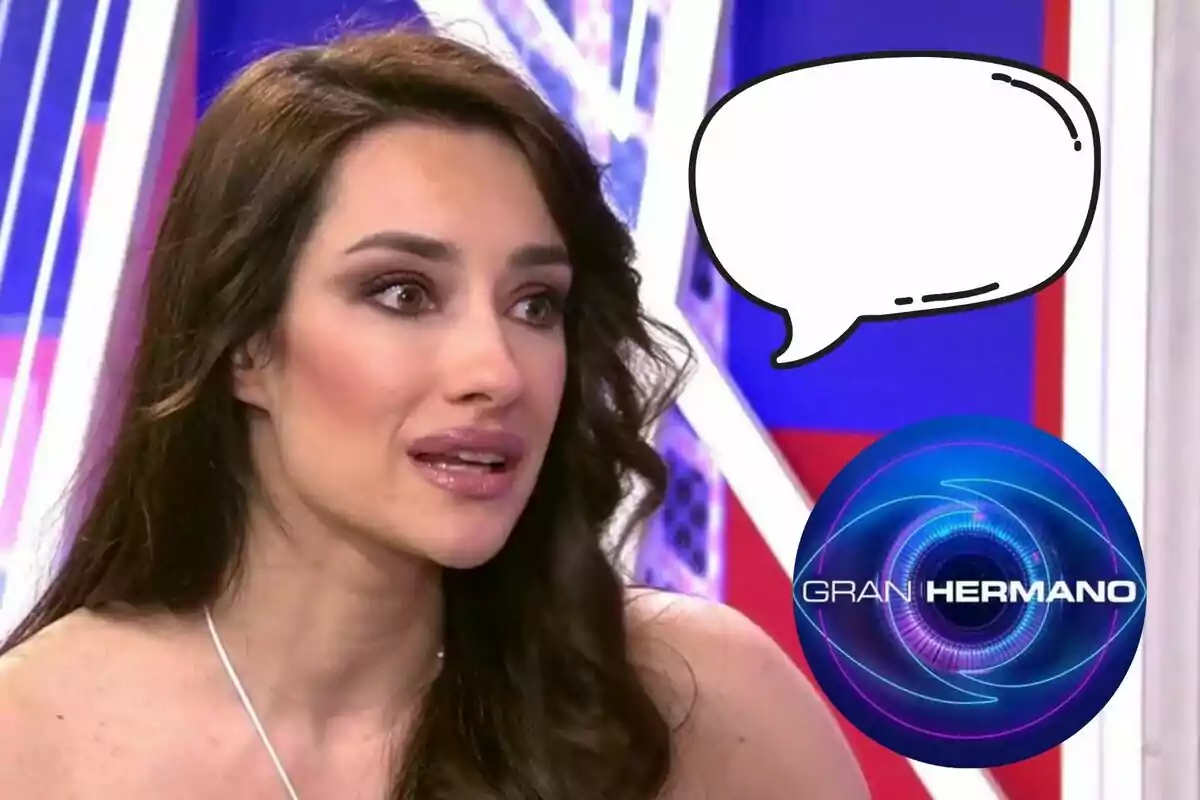 Adara Molinero con cabello largo y ondulado está hablando en un programa de televisión, con un logotipo de "Gran Hermano" y un globo de diálogo vacío a su lado.